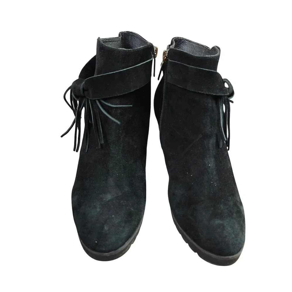 Sacha London Black Suede Tie Fringe Heeled Ankle Boots Side Zip‎ Women Sz 9